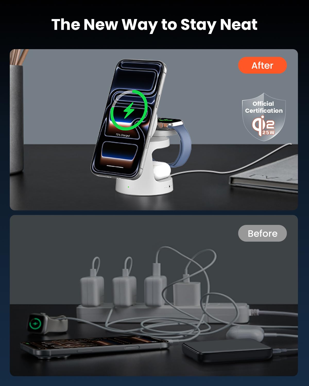 GEEKERA Qi2.2 25W Stazione di Ricarica 3 in 1 con Luci Notturne, Caricabatterie Rapido Pieghevole Magnetico per iPhone Air/17/16/15-12, Apple Watch 2-11, Incluso Adattatore GaN da 45W, Avorio