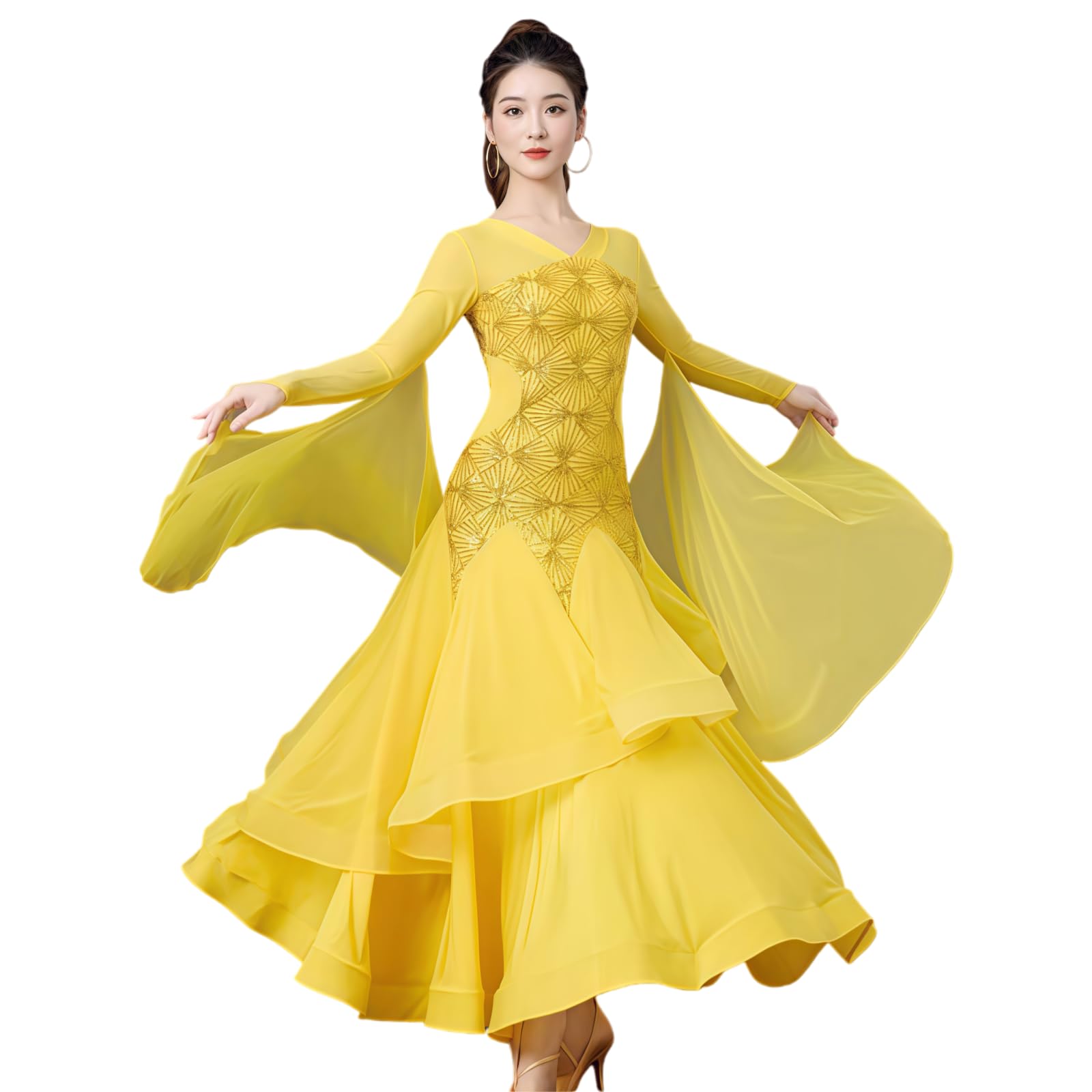 Damen Standard Ballroom Tanzkleid, Langarm Elegantes Tanzkleid Mit Strass Und Fließendem Rock, Farbverlauf Tanzkleid Für Walzer Tango Foxtrott Training Und Turnier