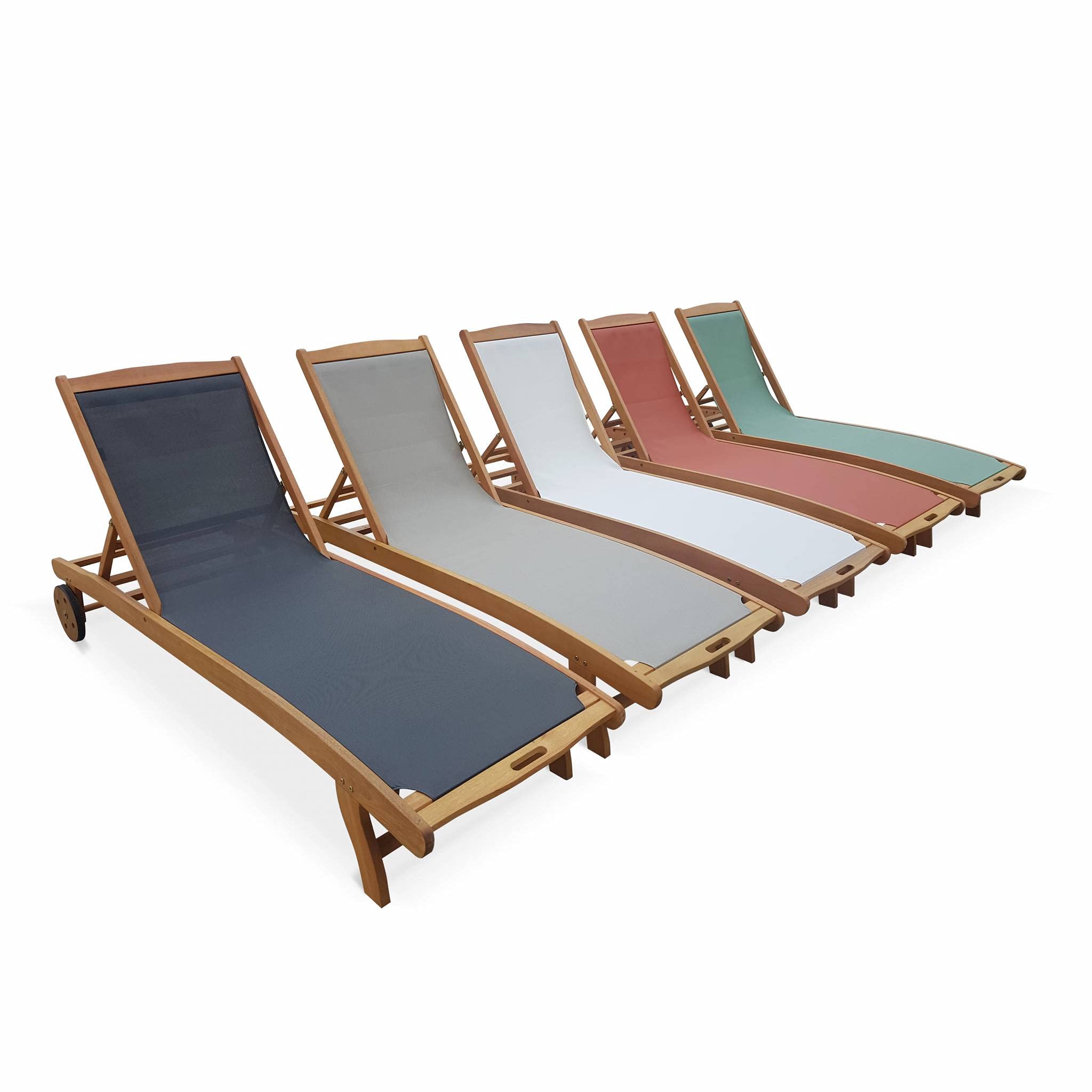 Set 2 lettini prendisole in legno multiposizione con ruote Antracite - 196x68x91 cm