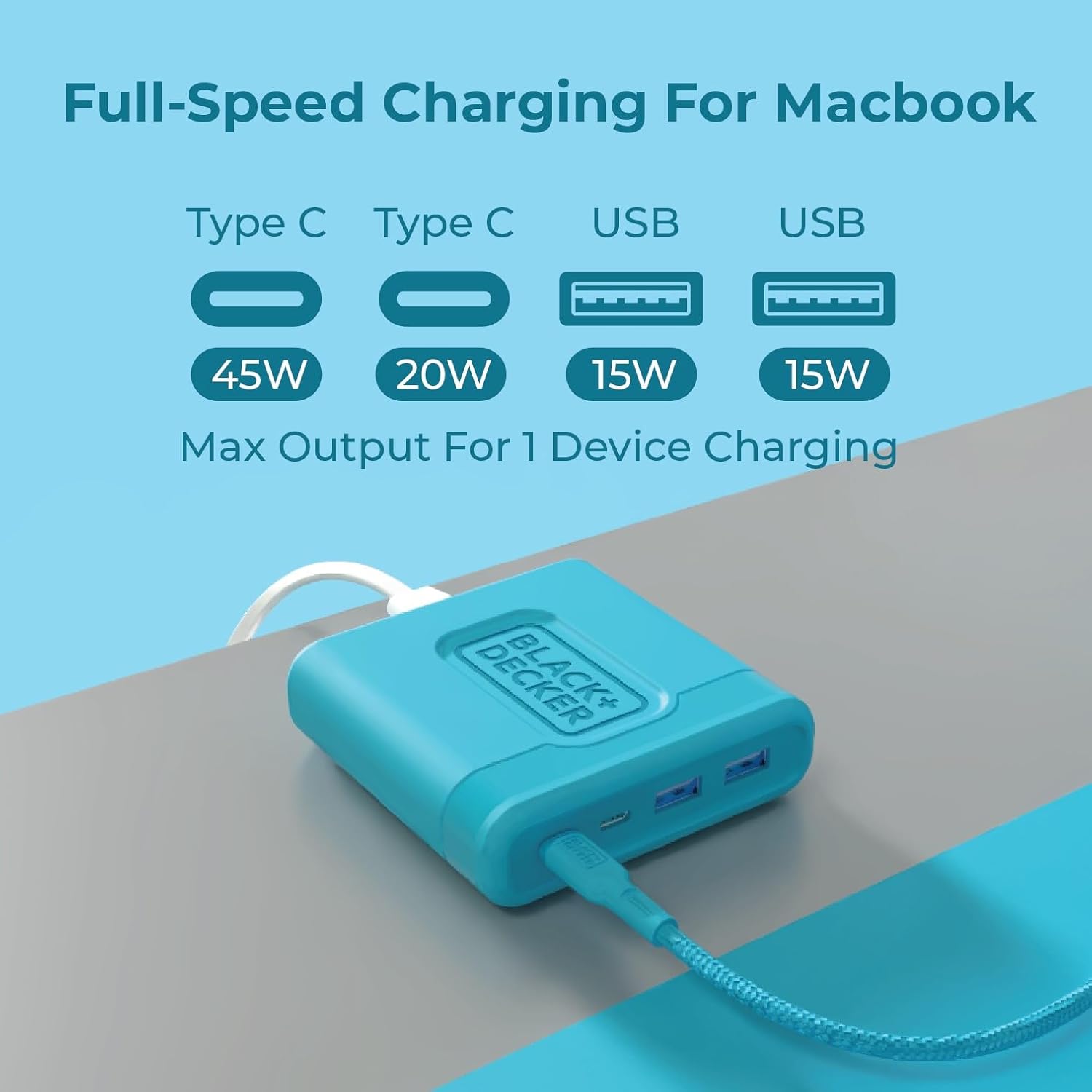 BLACK+DECKER USB C Fast Charger 65W 4 Port Type USB C Charging Station Hub Block TypeC Wall Charger Power Strip Adapter Plug 2 USBC 2 USBA for iPad iPhone 17 16 15 14 Pro Max Pixel Note Galaxy, Blue