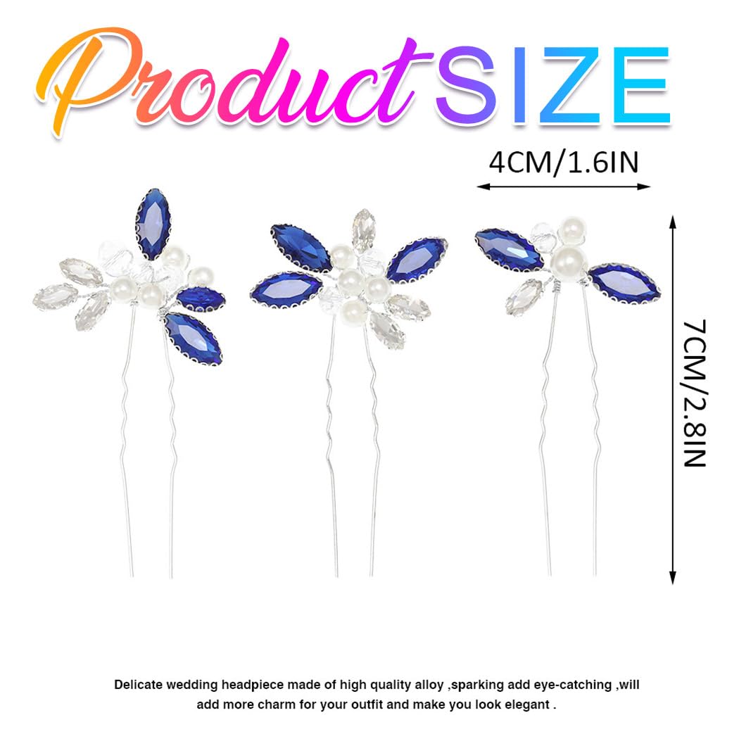 Heread Blue Crystal Bride Wedding Hair Pins Silver Pearl Bridal Hair Pieces Hair Accessories for Women and Girls(Pack of 3) - Image 6