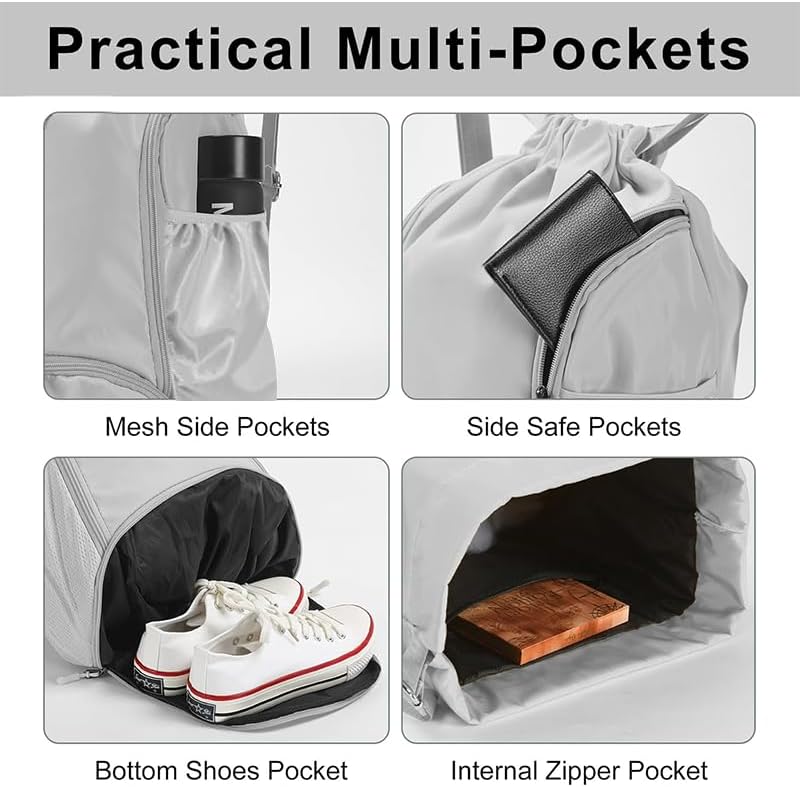 Miniatura 3 de Mochila deportiva con cordón, bolsa de gimnasio impermeable para mujeres y hombres, paquete de baloncesto con compartimento para zapatos, Gris,
