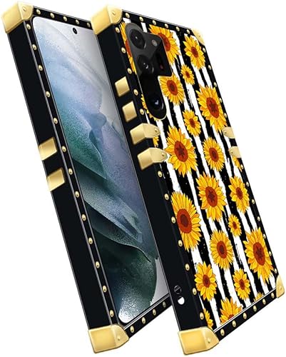 Miniatura 3 de Funda compatible con Samsung Galaxy S23 Ultra, funda cuadrada de girasoles a rayas blancas y negras para niña, de metal de lujo, decorativa, suave