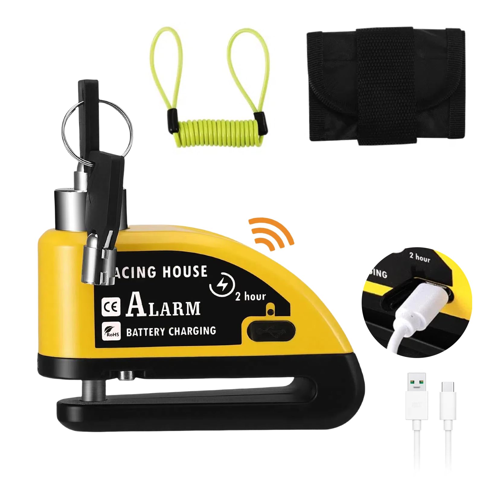 Motorbike Disc Lock Motorcycle Lock, Waterproof Disc Brake Lock 110db with Reminder Cable and Carry Pouch Motorbike Alarm System for Motorcycle Bike Scooter