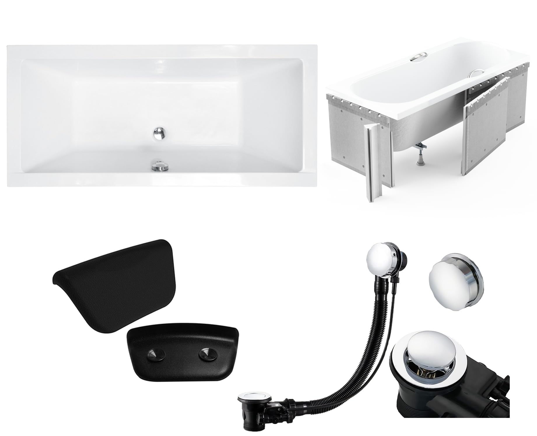 BADLAND Premium Set 5in1 Badewanne Rechteck Acryl Weiß Wanne QUADRO 175x80 cm, Made in EU + Verkleidung (Styropor) + Nackenkissen KODI, Moderne Design, mit Ablaufgarnitur und Füßen