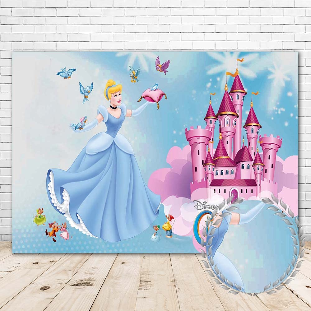 Cinderella Theme Birthday Party Backdrop 7x5 Vinyl Cinderella Princess Pink Castle Birds Photography Background for Girl First Birthday Supplies Decorations Banner Picture Photoshoot Room Wallpaper