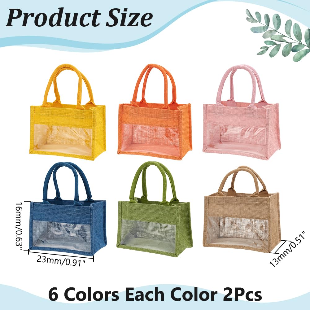 WADORN 12 Pièces Mini Sacs Tote En Jute Avec Fenêtres Transparentes 6 Couleurs Petits Sacs Tote En Jute Et Toile Avec Poignées Vierges Unis Réutilisables Pour Faveurs De Mariage Cadeaux