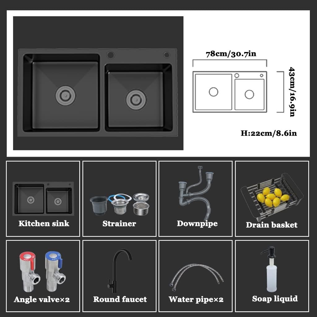 Stainless Steel Kitchen Sink s Black ​Double Bowl Bar Prep, 304 Steel, With Large Curved Faucet, Drop-in Hardware Undermount (Color : Black, Size : 78x43cm)