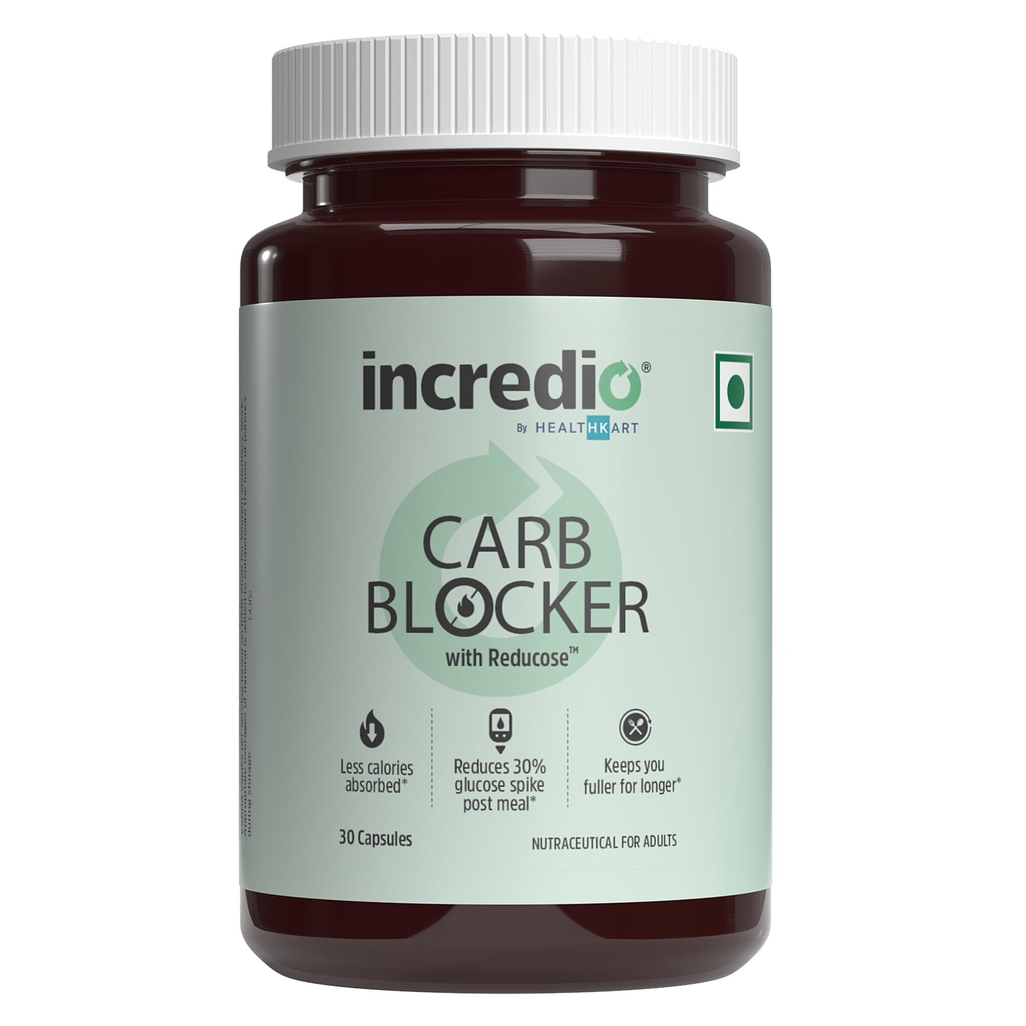 Incredio by HealthKart Carb Blocker (30 capsules) | For Reduced Calories & Weight Management | With Clinically Proven Reducose, Karela Extract, Bilberry | For Men & Women