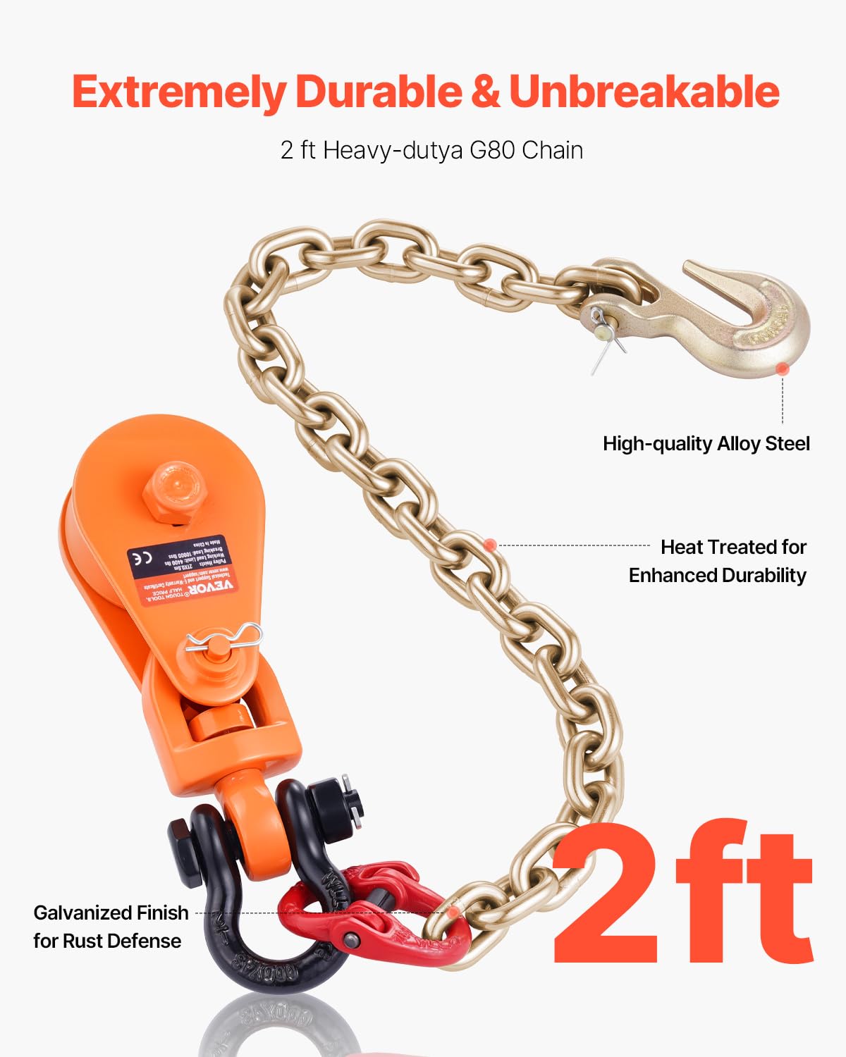 VEVOR Bloc d'arrachage avec chaîne G80, 2 T, poulie de mouflage 74 mm pour corde de 9,5 mm, pour applications de remorquage et de récupération à plat, dépanneuse à recul, câble de transport de voiture