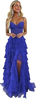 Lace Tiered Prom Dress with Slit 2025 Ruffle Sweetheart Spaghetti Strap Chiffon Formal Evening Dress IMC057 - Buy now