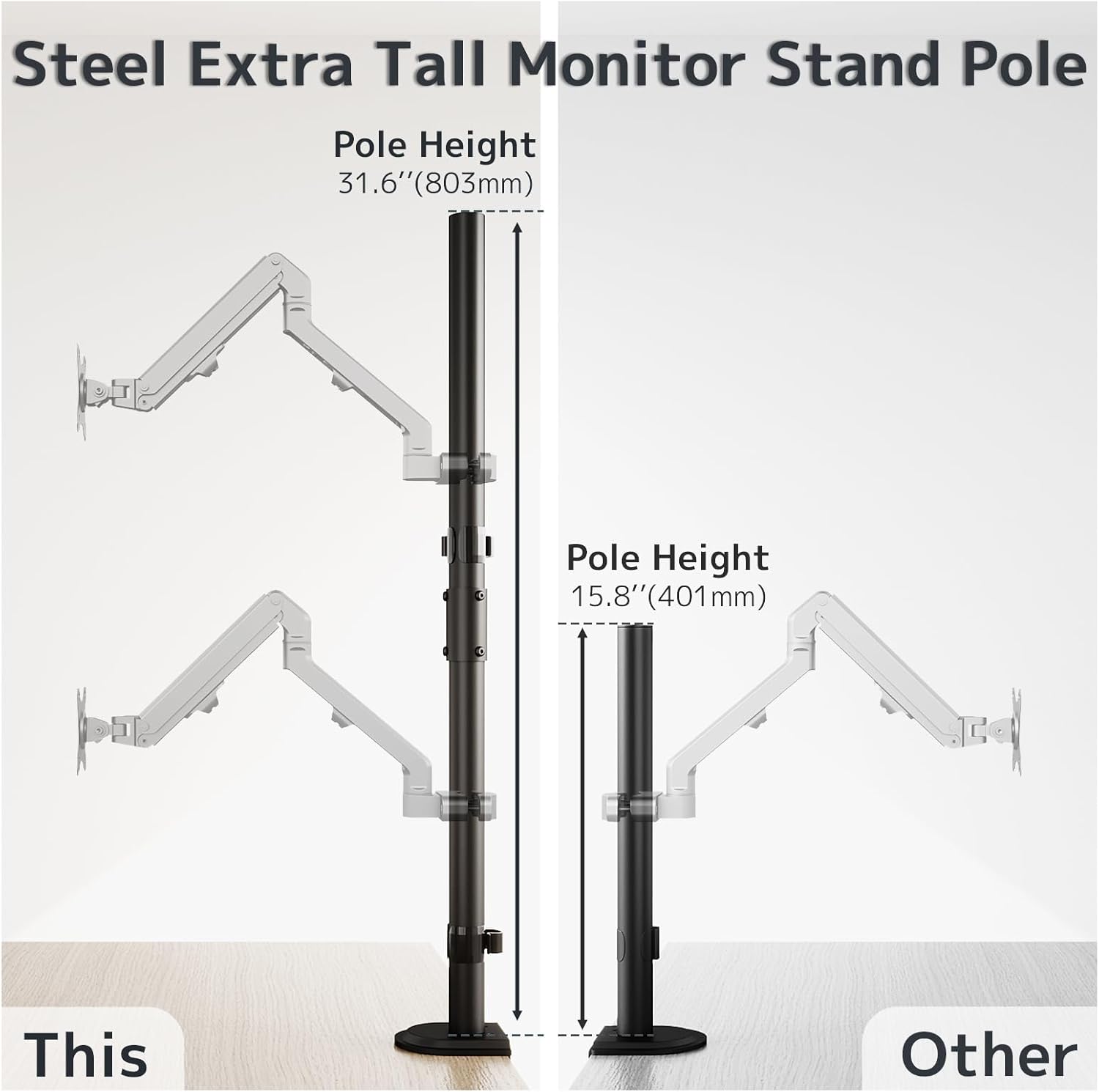Steel Extra Tall 2-Section Monitor Stand Pole - 31.6 inches Sturdy Center Pole Only for Monitor Arm Mounts, Adjustable Height, Compatible with C-Clamp & Grommet Bases,Black