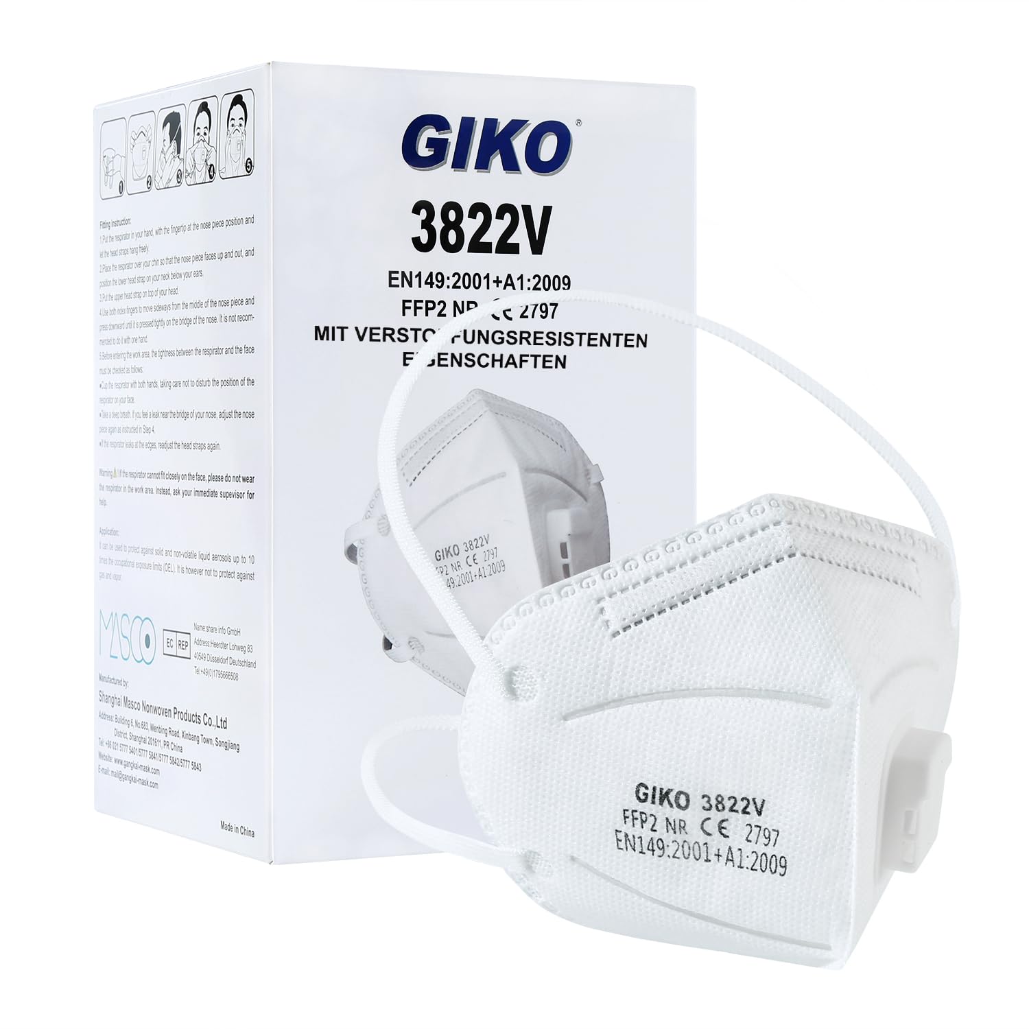 GIKO FFP2 Maske mit Ventil 20 stück weiß FFP2 Masken FFP2 Atemschutzmaske 5 Schutzschichten Schutz FFP 2 Kopfband Gesichtsmasken