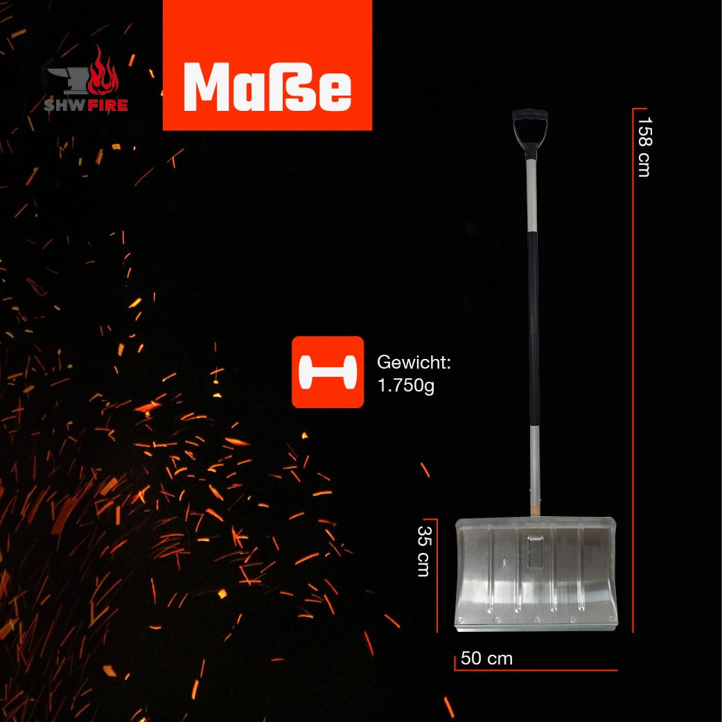 SHW-FIRE | Schneeschieber 50 cm breit, robuster 130 cm Aluminiumstiel mit Kunststoffgriff, ergonomisches Design, mit Aluschutzkante, ideal für Schneeräumung & Winterarbeiten | Made in Germany