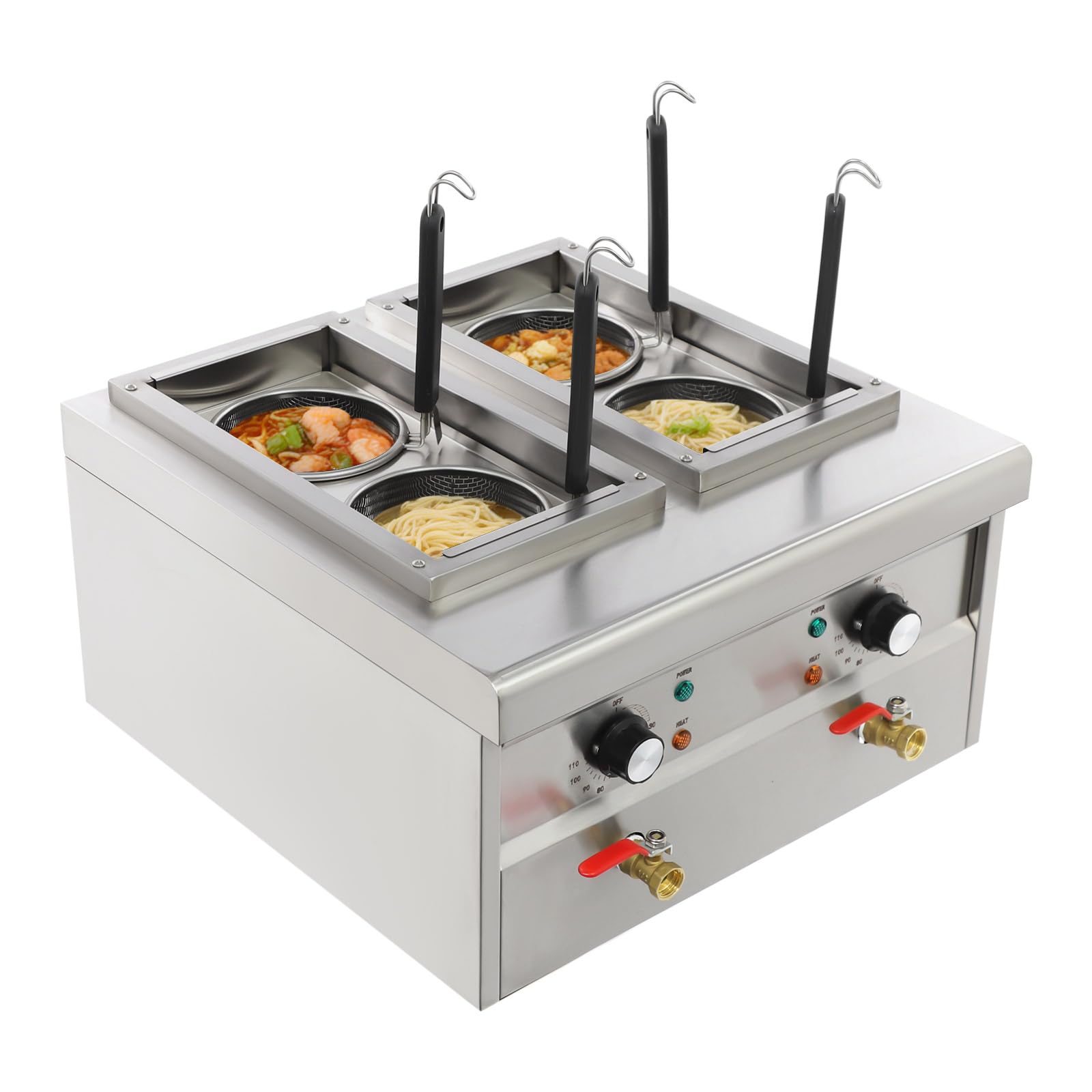 Fornello elettrico professionale commerciale da 2200 W, fornello elettrico in acciaio inox 9 l, controllo della temperatura da 30 a 110 °C, con 4 cesti per pasta e 2 coperchi, adatto per cucinare vari