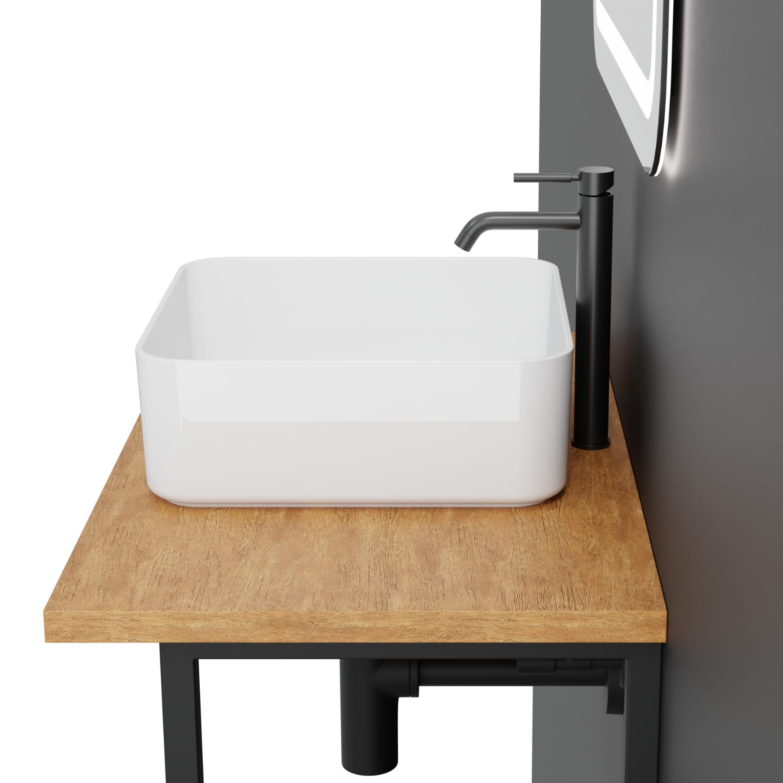 HAGO 24 | Lavabo in ceramica | quadrato 39 x 39 cm | bianco | angoli arrotondati | bordo stretto | Lavabo da appoggio | Ceramica | Antigraffio | Attacco standard