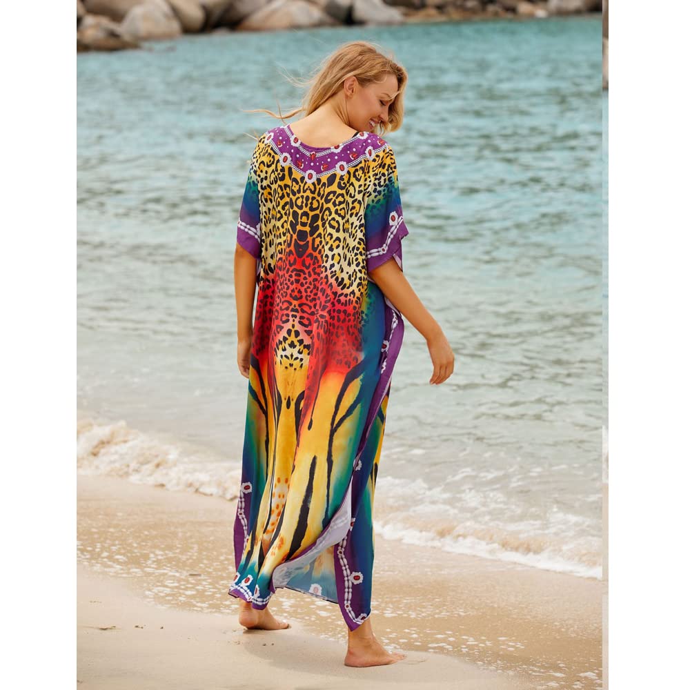 Donna Kaftan Lungo Abito da Spiaggia Maxi Bohemien Parei Copricostumi Copribikini Cover ups Scollo a V