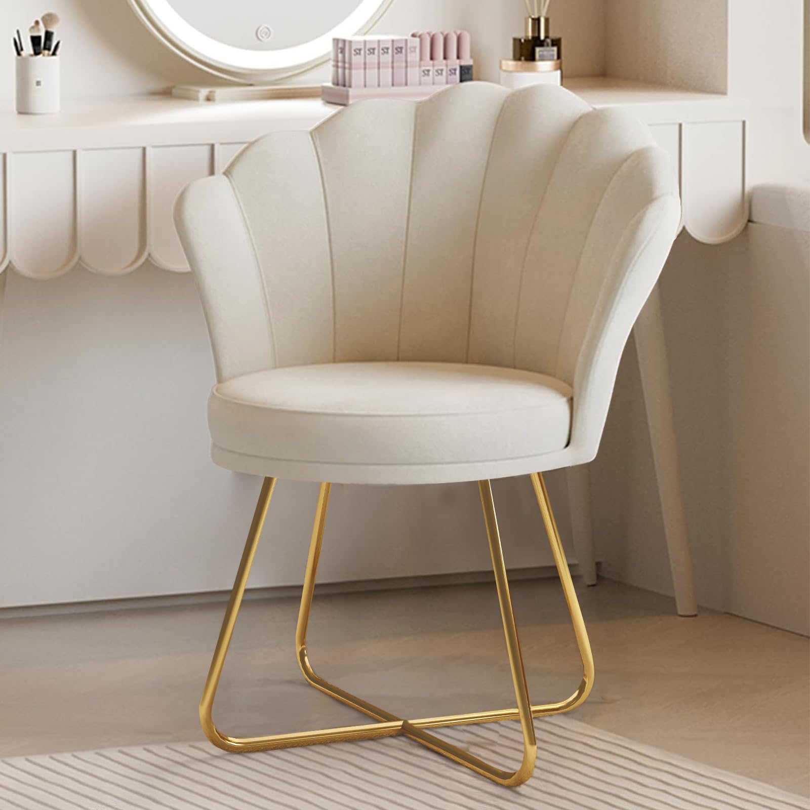 Hawthyhome Polstersessel esszimmerstühle，Stuhl schminktisch， Stuhl samt，Blütenblatt-Rückenlehne Lehnstuhl mit Metallbeinen Gold，Bis 350lb belastbar