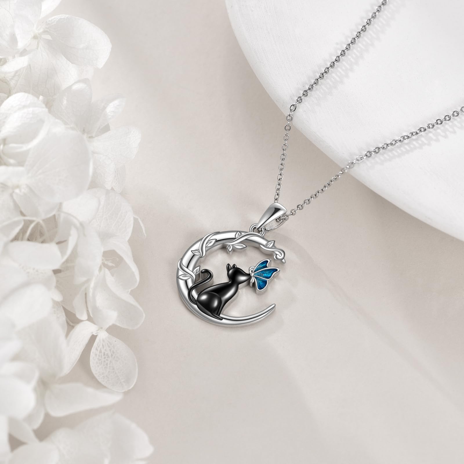 VONALA Katze Halskette für Frauen 925 Sterling Silber Schwarze Katze Halskette Blau Schmetterling Katze Schmuck Geschenke Geburtstag Geschenke für Frauen Katze Liebhaber Frau