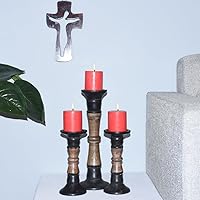 Vista 31 de Juego de tres portavelas de pilar de 6 pulgadas, 12 pulgadas y 6 pulgadas de madera de mango hecho a mano Pulido oscuro