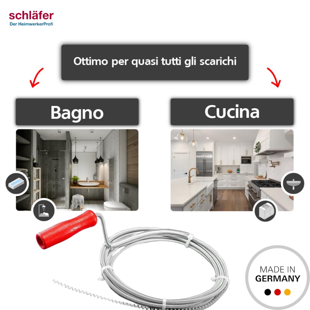 Schläfer 323303 | Sturalavandini e Scarichi, Sonda Sturatubi a Spirale per Pulizia Scarichi Otturati di Lavandini, Lavelli, Vasche, Docce e Wc, Lunghezza 10mt, Diametro 6mm