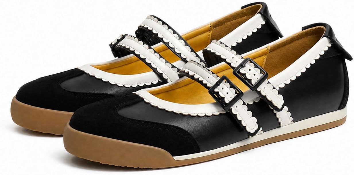 Dsevht Fashion Sneakers for Women Mary Jane Sneakerina Ballet Sneakers Comfortable Ballet Flat Two Strap Flat Shoes