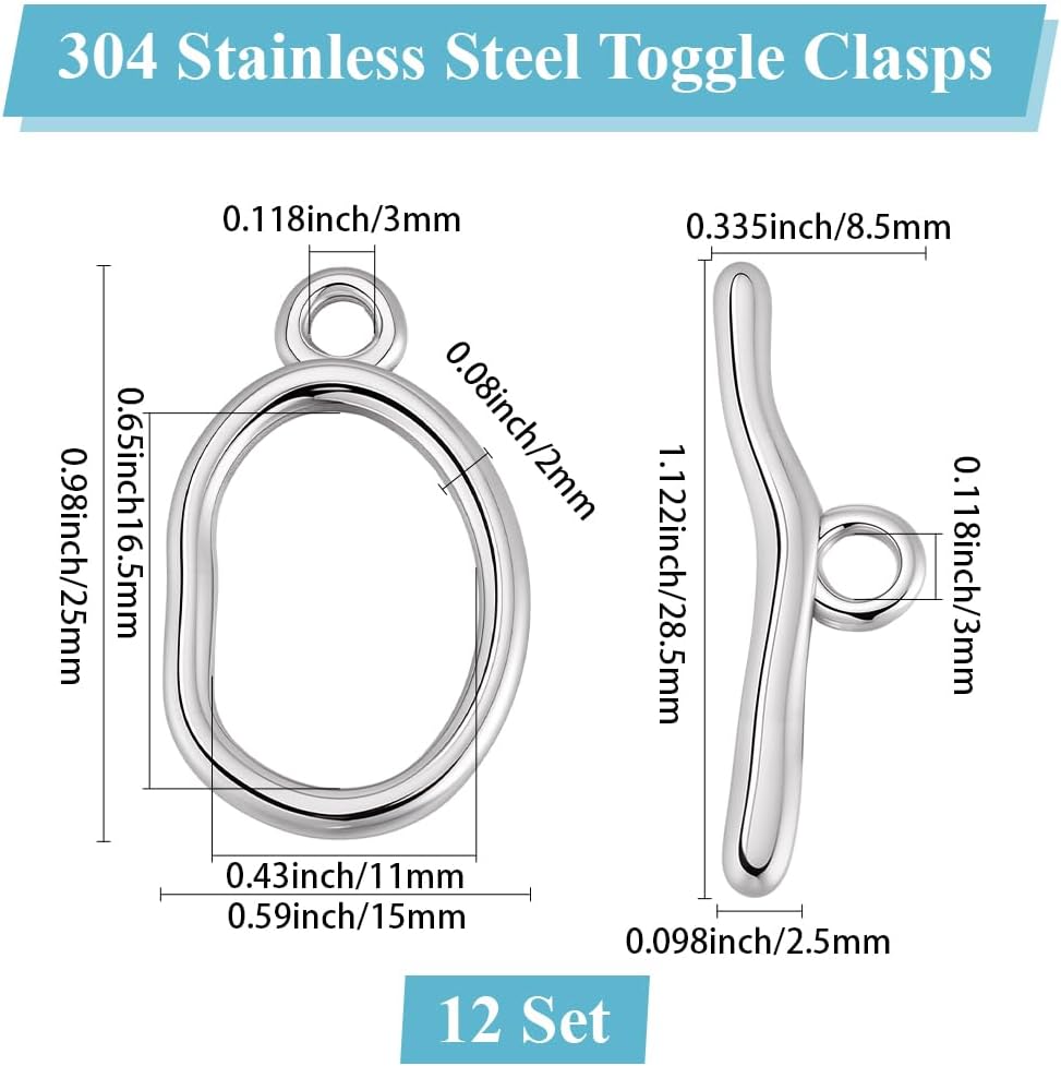 Beebeecraft 12 Sets Stainless Steel Toggle Clasps T Bar Oval OT Clasps Cirlce Closure Connectors for Jewelry Making Necklace Bracelet DIY Crafts (25x15mm)