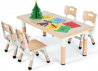 Mesa niños Infantil con 4 Sillas, Grupo de Mesa Infantil en Altura Ajustable, Juego de Sillas para Jardín de Infantes y Habitación, Grupo de Asientos para Niños y Niñas a Partir de 2 Años, Amarillo