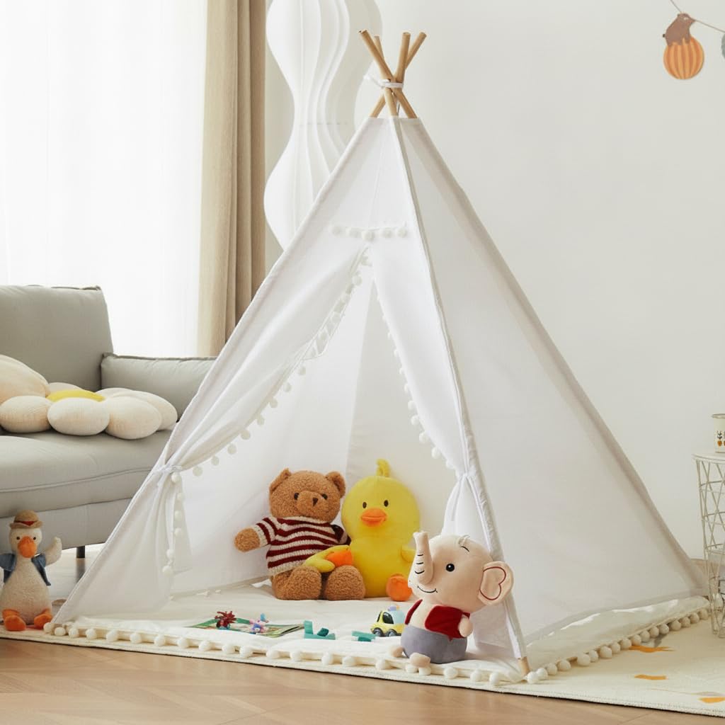Tipi Zelt für Kinder Indoor aus Canvas und Holz – Gemütliches Spielzelt für Kinderzimmer mit Pompons als Kinderzimmer Deko