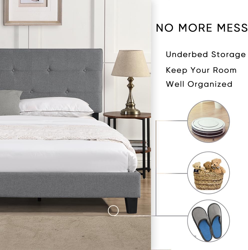 King Size Linen Upholstered Platform Bed with Height Headboard and Durable Wooden Slats, Metal Frame Tufted Platform Bed, No Box Spring Required and Easy to Assemble,(Gray)