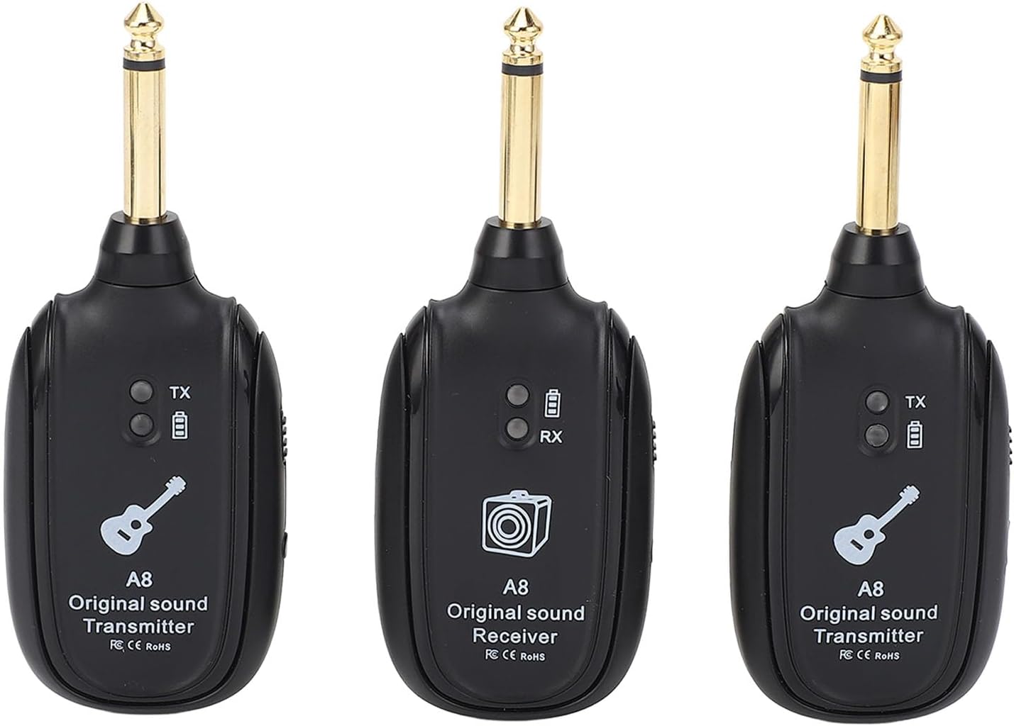 Wire less Guitar System, 2.4GHz Wire less Guitar Transmitter Receiver 4 Channels 98.4 Feet Transmission Range Rechargeable Audio Transmitter and Receiver for Guitar Bass Violin