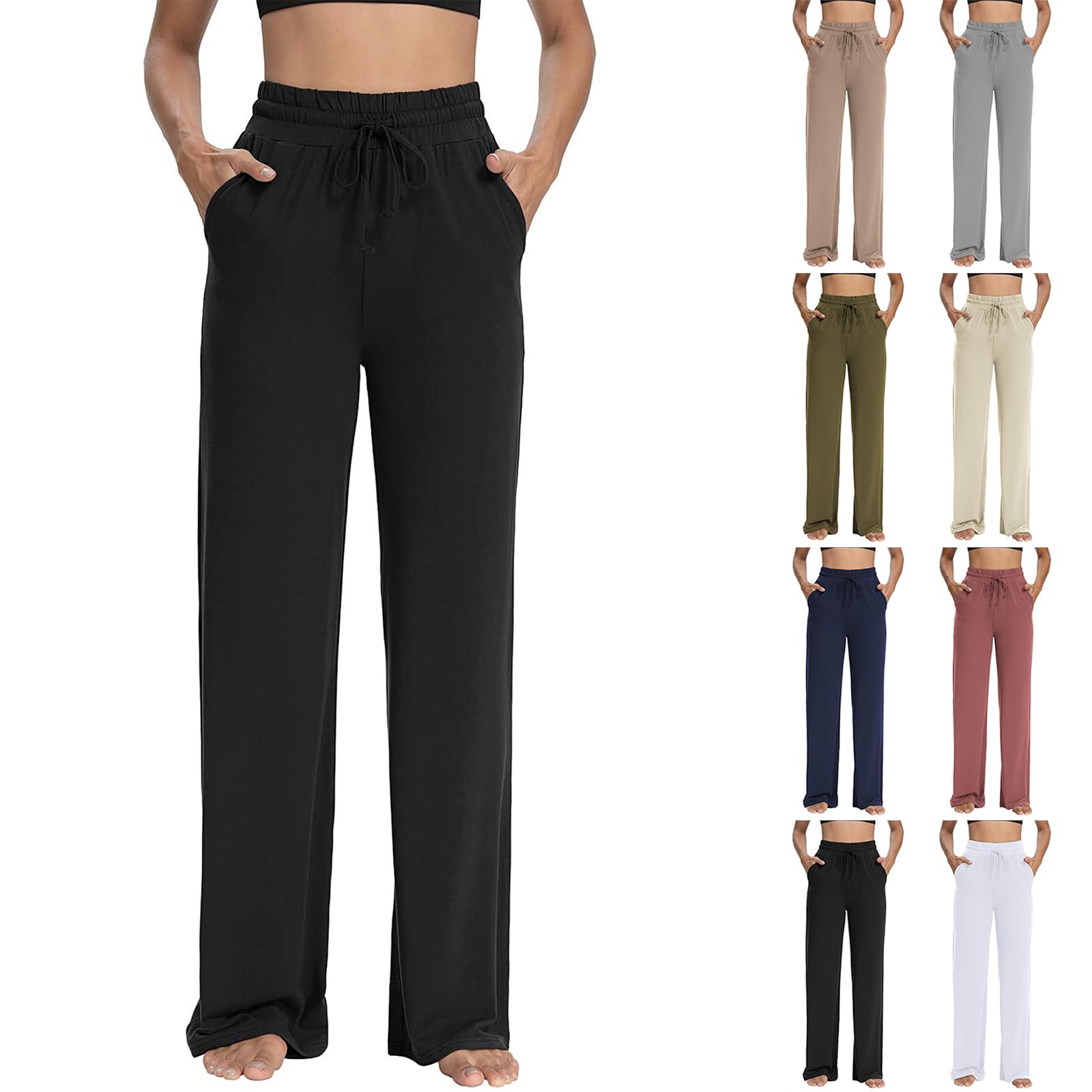 Wide Leg Pants Woman Summer Drawstring Baggy Sweatpants High Waisted Lounge Pants with Pockets Loose Trouser Yoga Pants Casual Workout Pants Flowy Palazzo Pants Lightweight Stretch Pajamas Pants