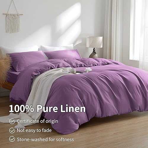 Miniatura 2 de TUMEI Juego de funda de edredón 100% lino, tamaño King, 3 piezas, funda de edredón y 2 fundas de almohada, tamaño King, color lila básico