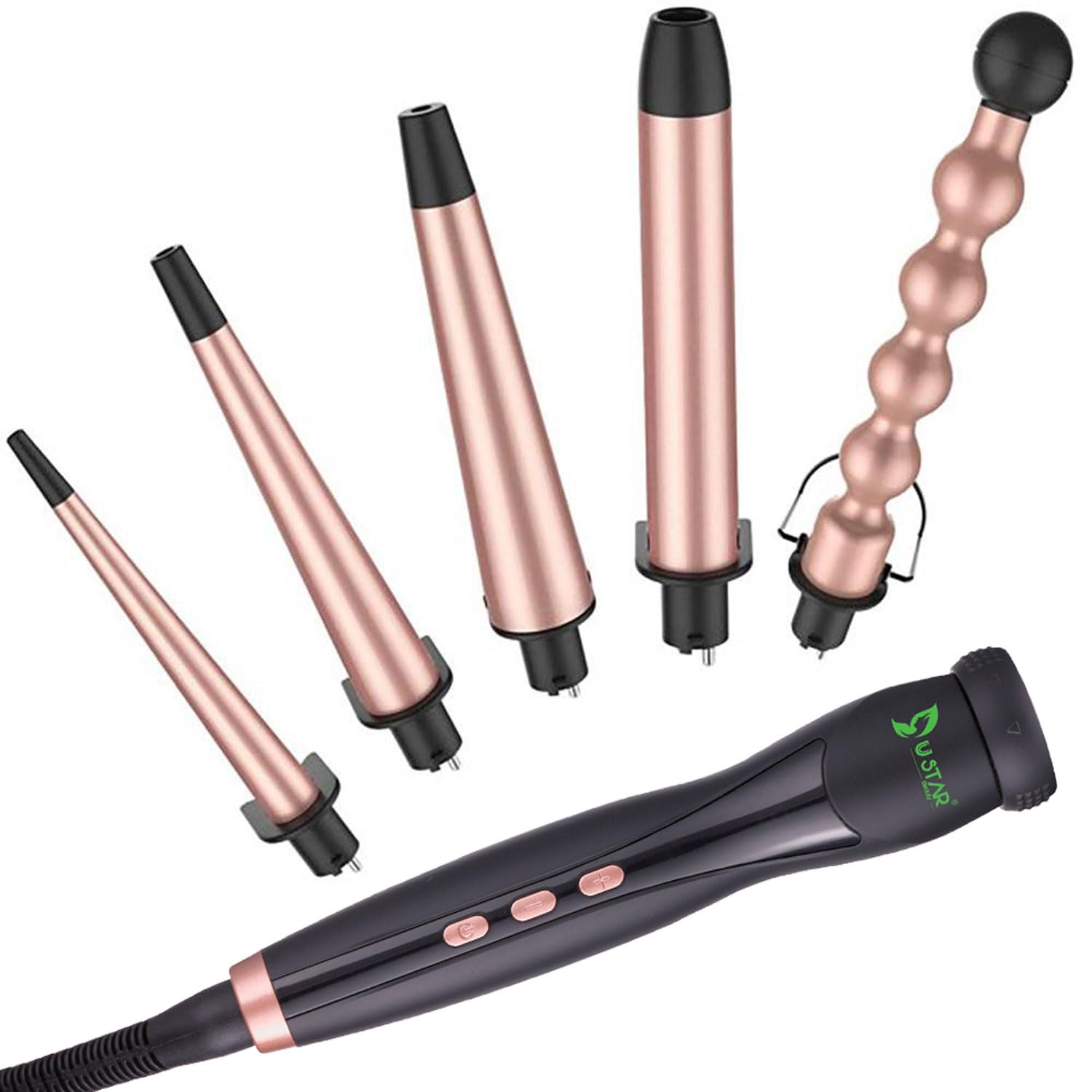 USTAR 5 in 1 Curling Wand for Long Hair, Interchangeable Ceramic Barrels 0.35-1.25 Inch, Dual Voltage Travel Curling Iron with Heat Resistant Glove 2 Clips, Hair Curler for Women Girls Gift