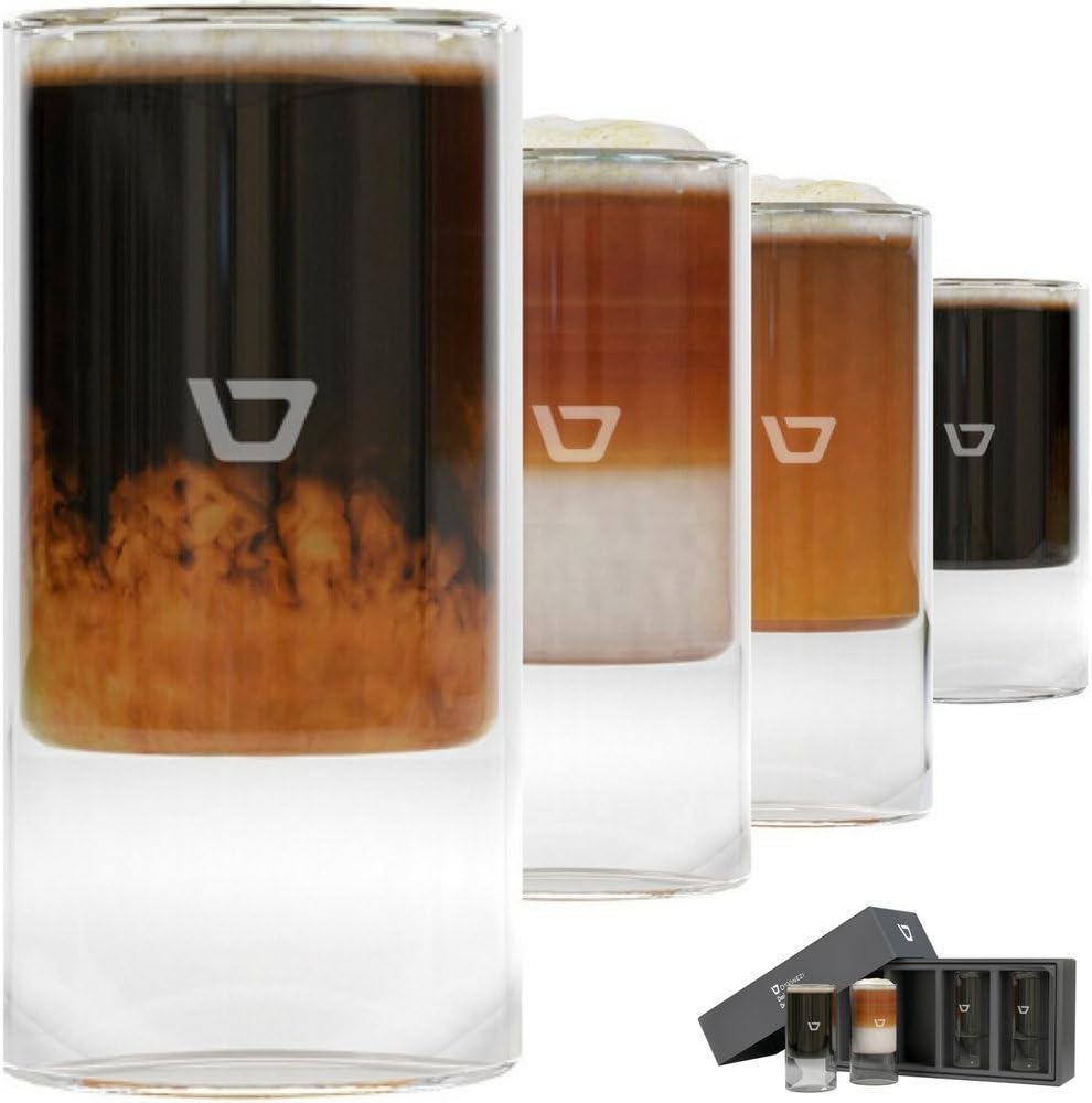 Double-Walled Glass Mugs, Upscale Set of Four (4) 8.5ounce (250ml) Double Walled Thermo Insulated Cups for Lattes. Gift Boxed.