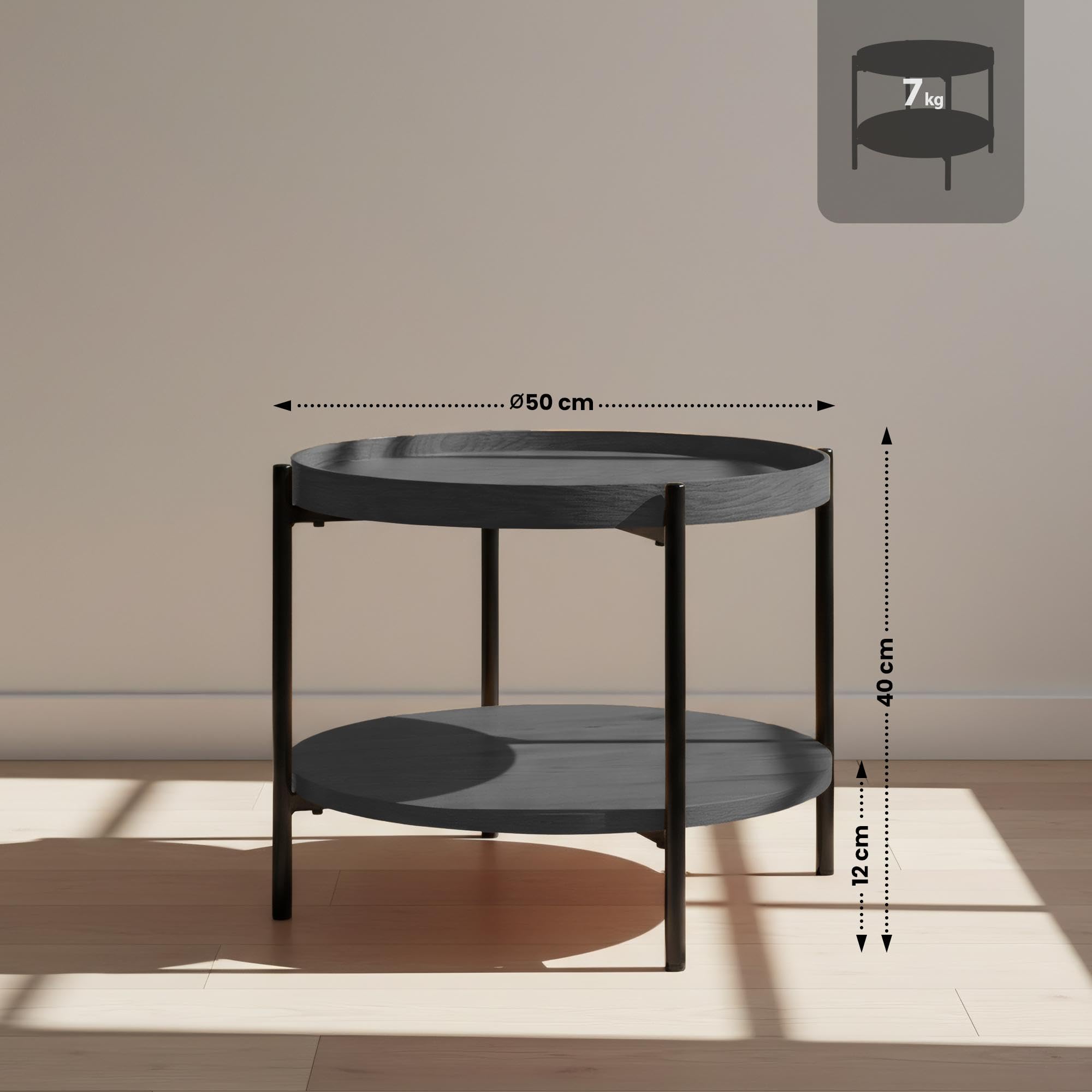 CLP Couchtisch rund Holz Corbitan, Sofatisch 2 Ebenen mit Stauraum, Beistelltisch klein Metallgestell schwarz, Farbe:grau, Größe:Ø 50 cm