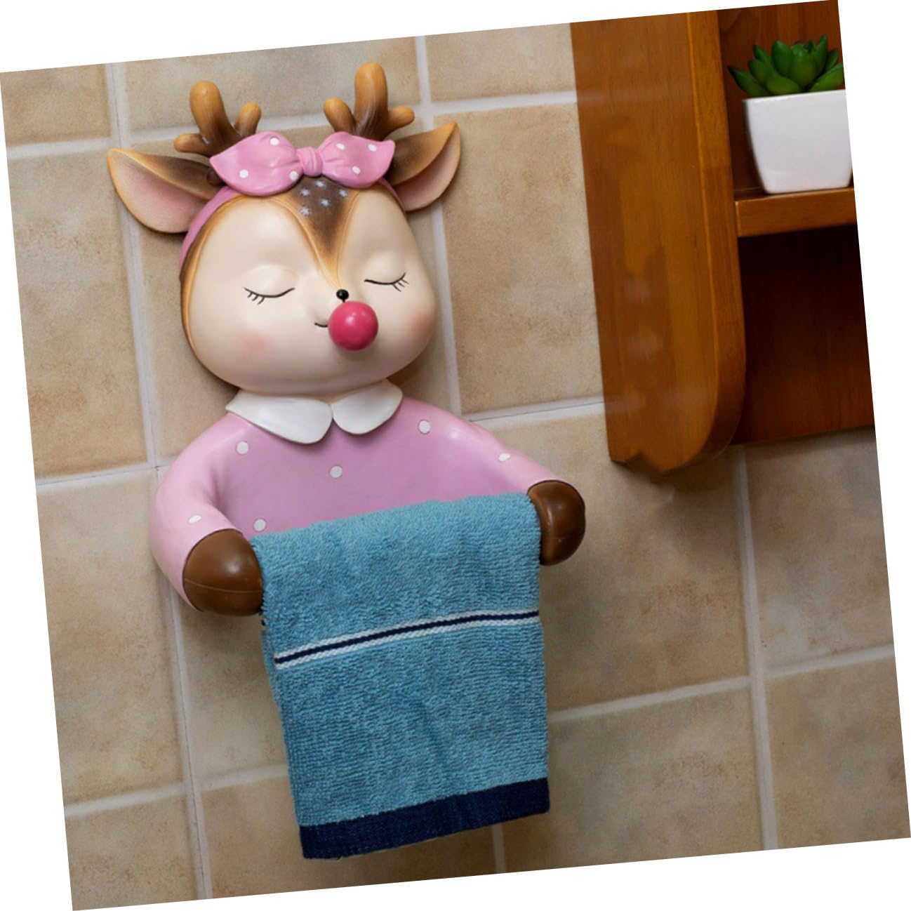 Wall-Mounted Pink Toilet Paper Holder Tissue Storage Rack Cute Deer Design Bathroom Roll Paper Rack Space-Saving Decorative Tissue Dispenser for Kitchen and Bathroom