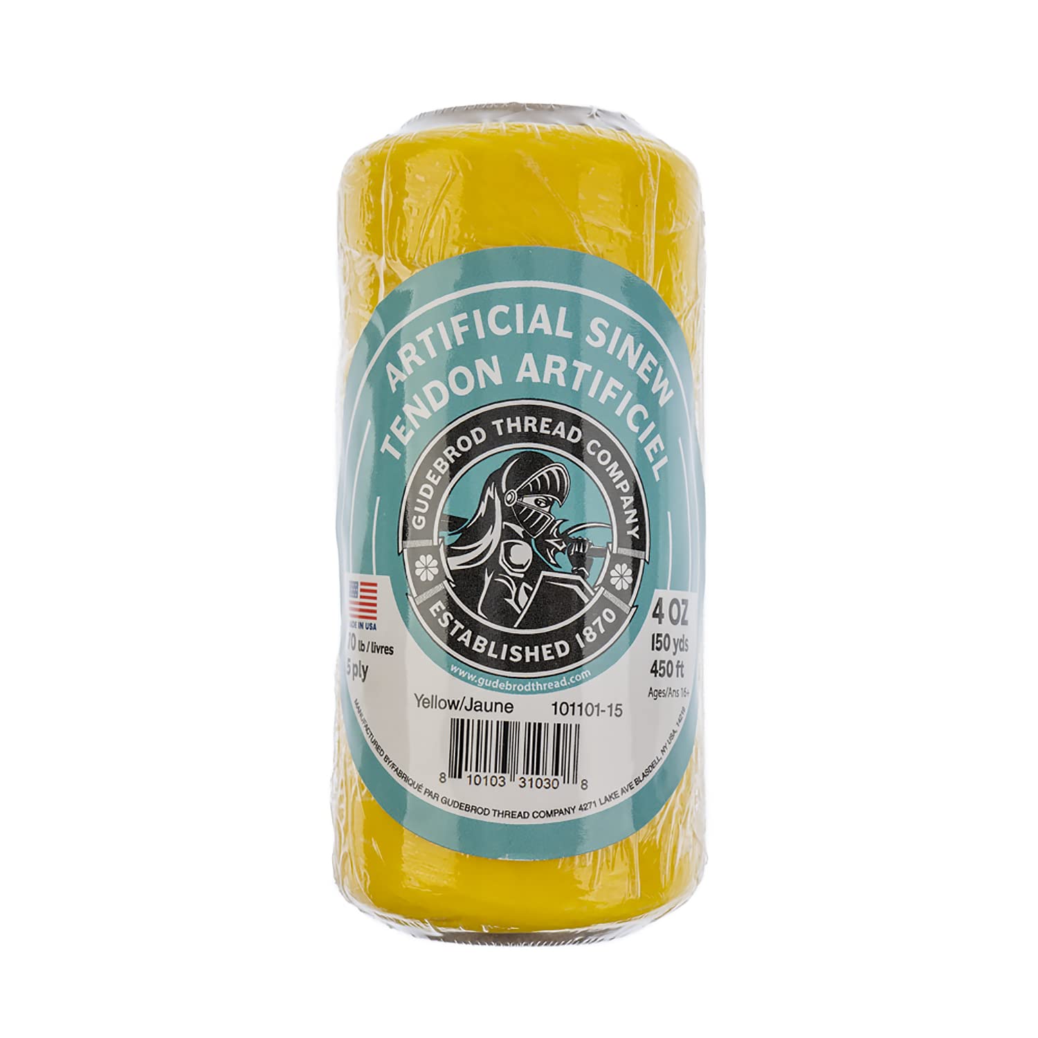 Gudebrod Sinew 4oz 450ft (150yd) Yellow 5ply, 70lb Test Made in USA, Artificial Sinew