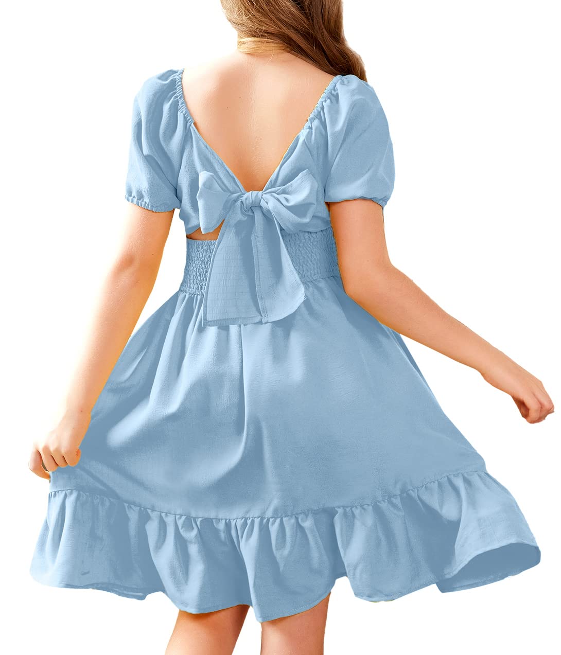 Arshiner Girls Tie Back Short Sleeve Ruffle Hem Off Shoulder Casual Elegant Dresses 4-12 Years