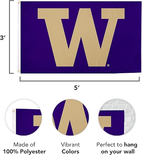 Miniatura 2 de Desert Cactus Bandera de la Universidad de Washington U of W UW Huskies Husky banderines 100 poliéster para interiores y exteriores 3 x 5 diseño K
