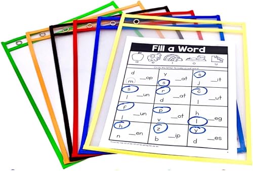PDX Reading Specialist - Fundas de bolsillo de borrado en seco, 6 colores surtidos, protectores de hojas de plástico de gran tamaño, ideales para