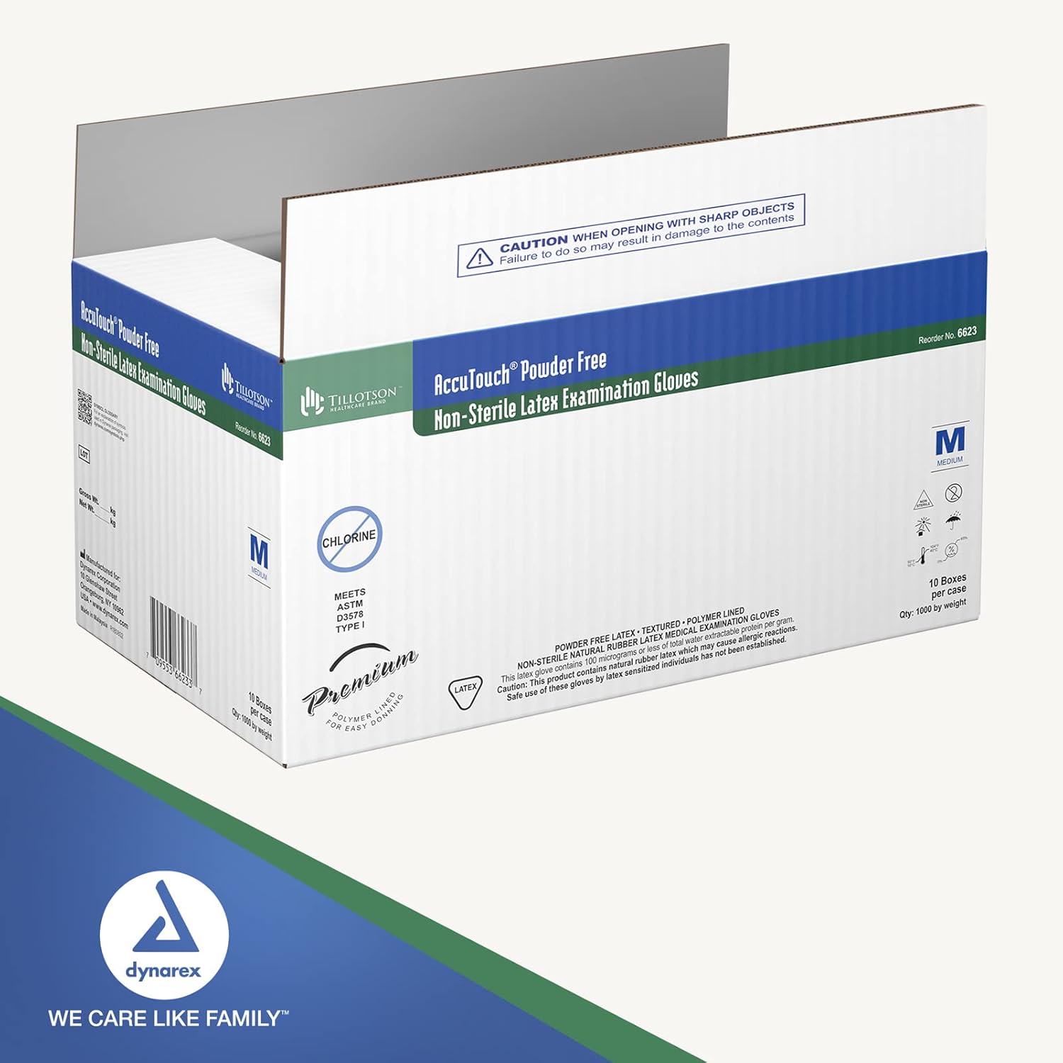 Dynarex AccuTouch Latex Exam Gloves, Powder-Free - Medium, 100 count, Pack of 10