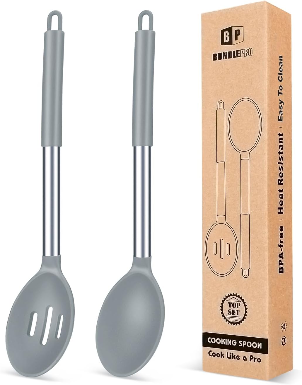 BUNDLEPRO Pack of 2 Large Silicone Cooking Spoons,Non Stick Solid Basting Spoon,Heat-Resistant Kitchen Utensils for Mixing,Serving,Draining,Stirring (GREY)