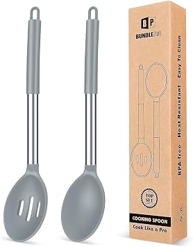 Pack of 2 Large Silicone Cooking Spoons,Non Stick Solid Basting Spoon,Heat-Resistant Kitchen Utensils for Mixing,Serving,Draining,Stirring GREY