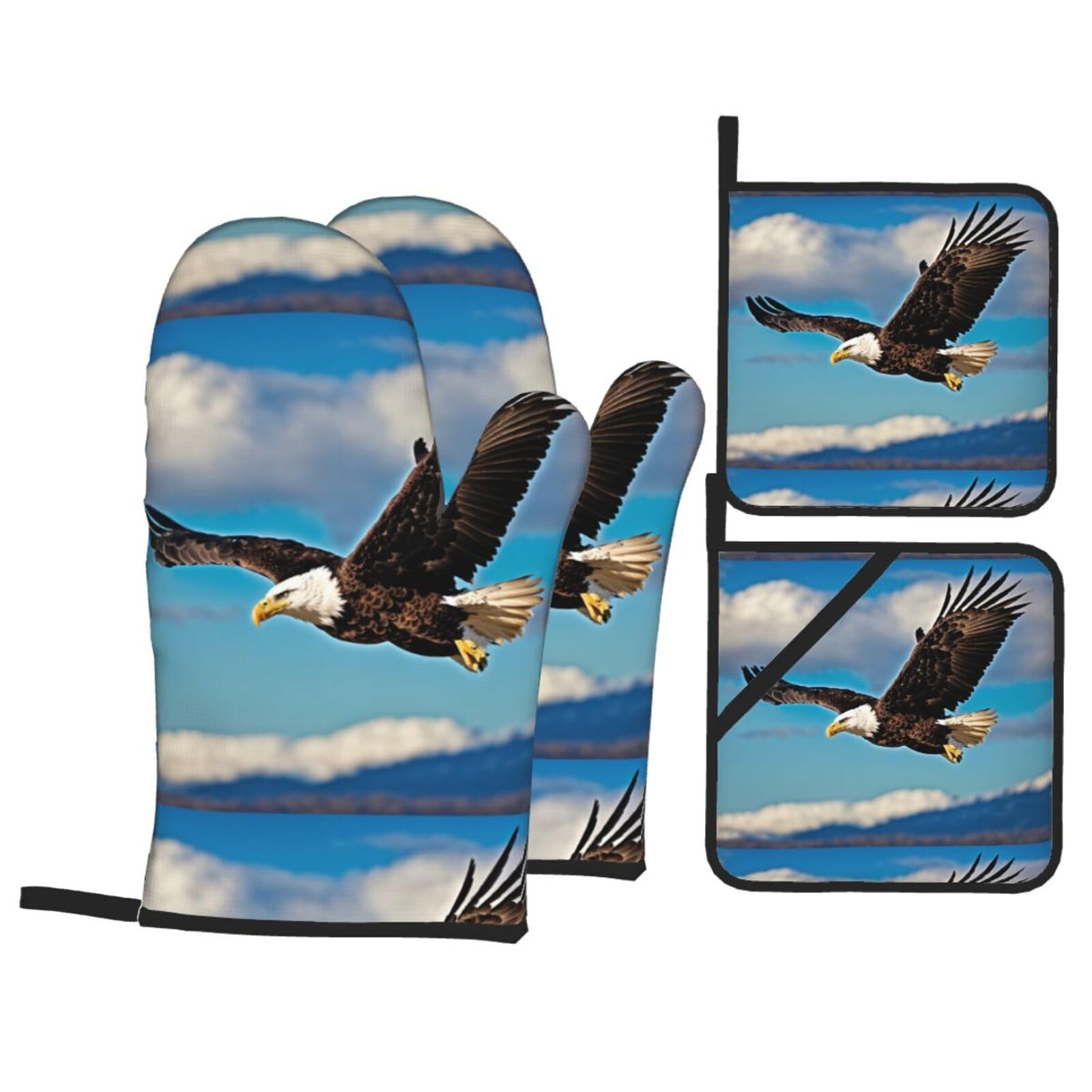 Flying Eagle Print Kitchen Oven Mitts And Pot Holders Set,Hanging Loop Design For Cooking Baking Bbq