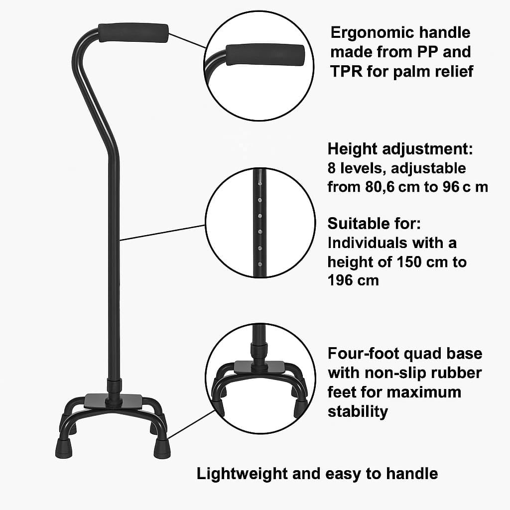 Bastone da passeggio ergonomico a quattro piedi DynaSun F307 ausilio per la deambulazione regolabile, stampelle con impugnatura morbida e imbottita per anziani, uomini e donne