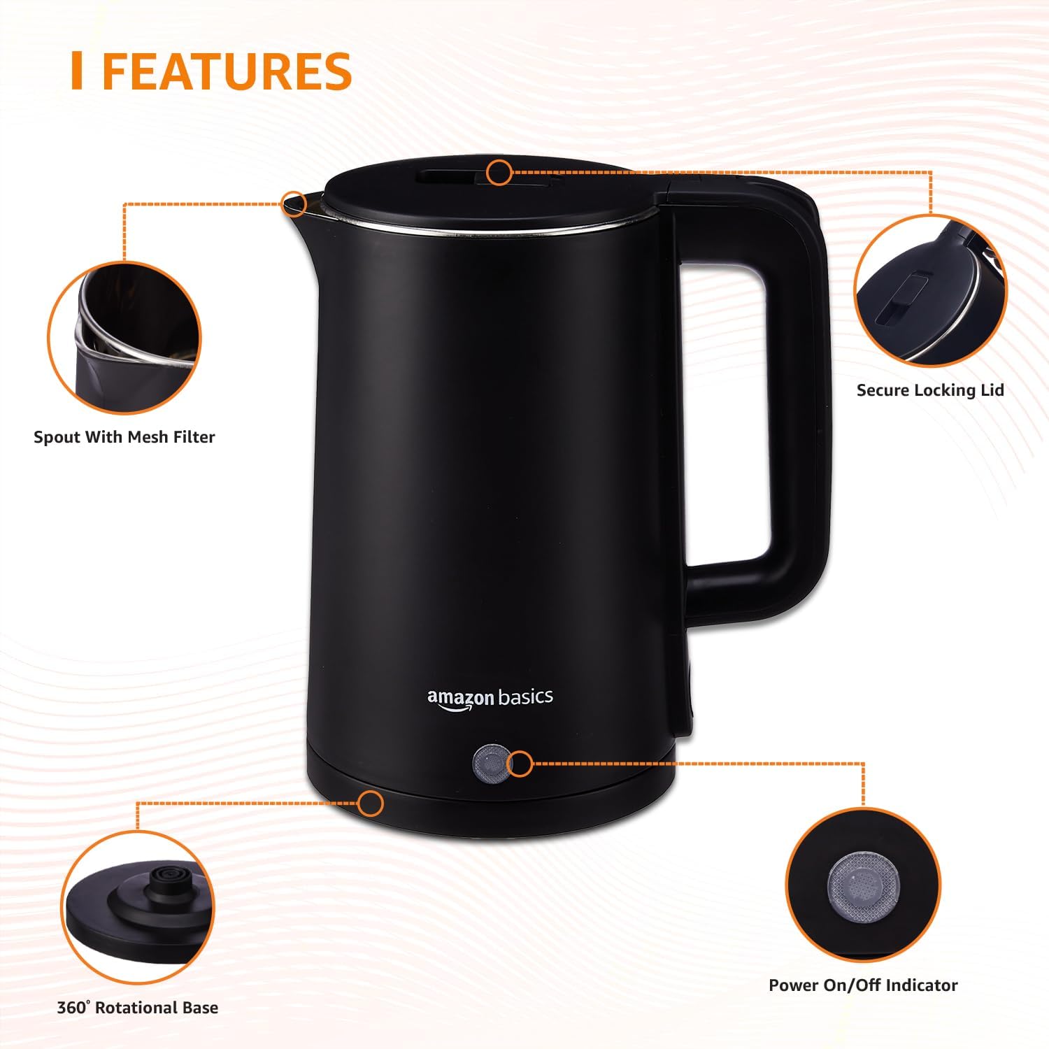 amazon basics 1.5 Liter Cool Touch Electric Kettle| 1350 Watt|Stainless Steel Body|Auto Cut-Off|Triple Safety Protection(Black) 1