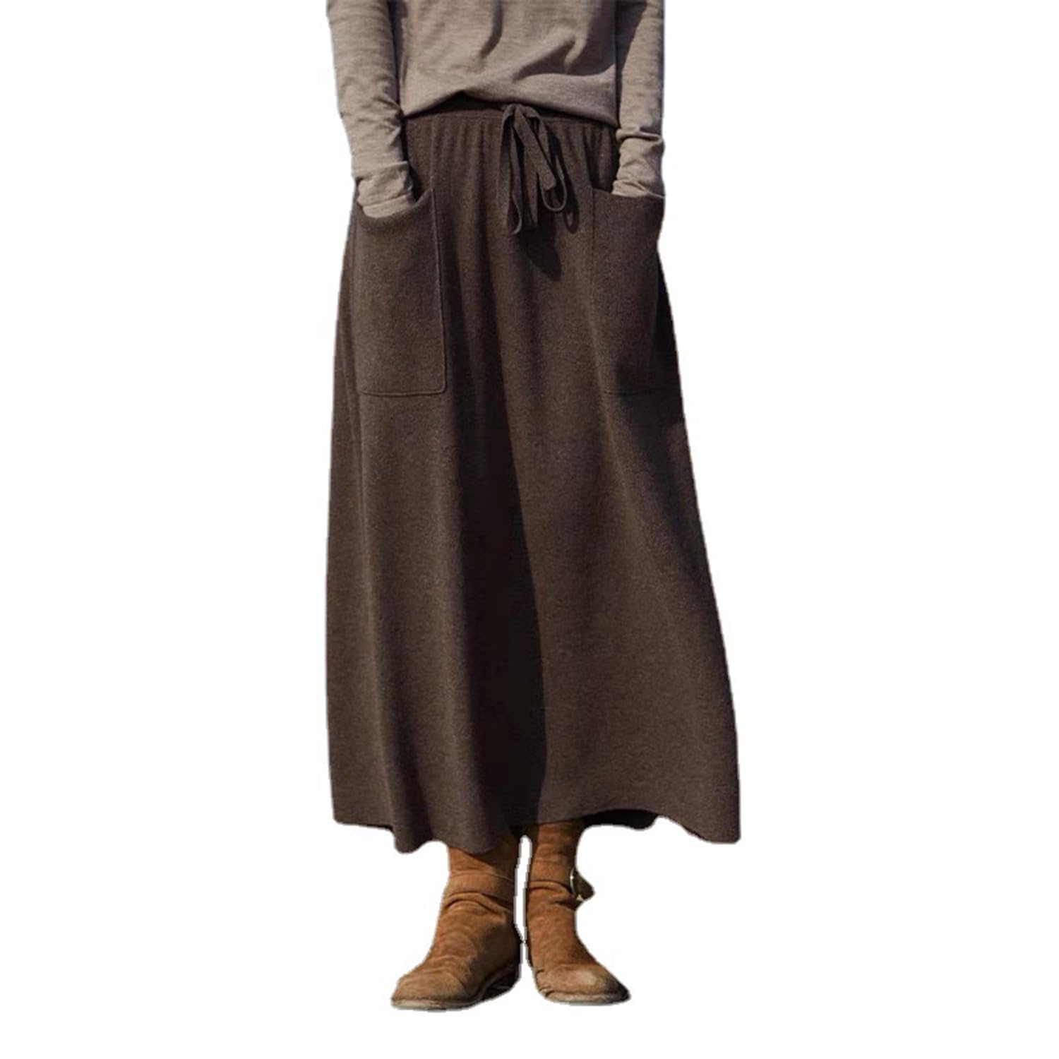 Falda Larga de Lana para Mujer con Bolsillos Cintura Elastica Cálida Falda Midi Plisada Invierno Otoño