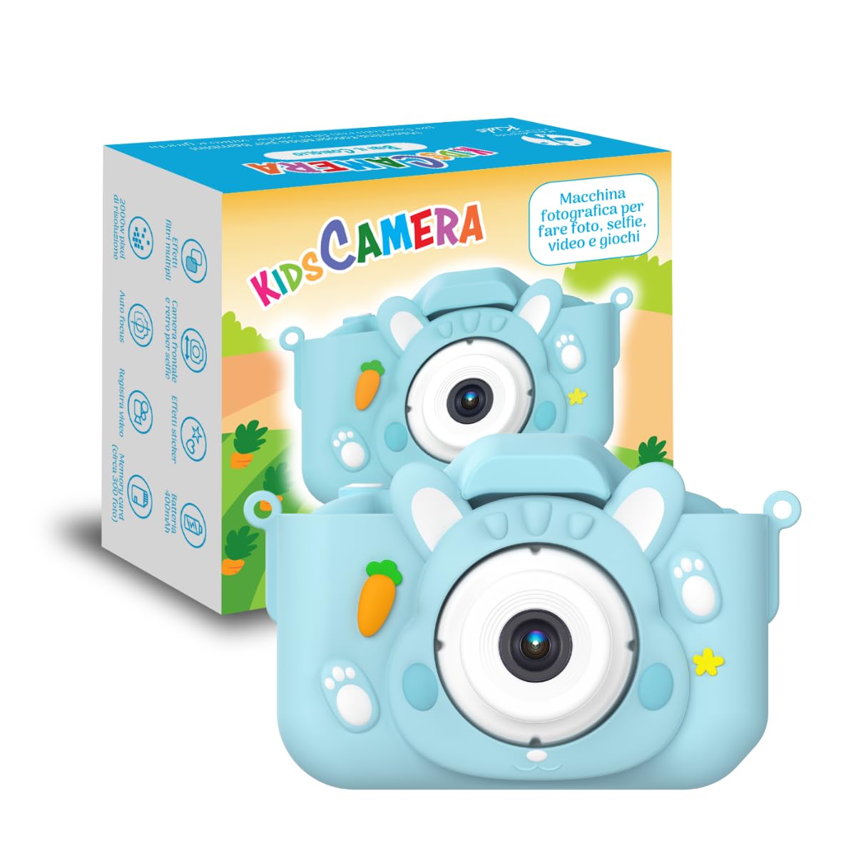 KidsCamera Bibi il Coniglio 2K – Macchina Fotografica Digitale per Bambini 3+ Anni con Memory Card 4GB Inclusa, Foto, Video, Giochi e Filtri – Prima Fotocamera Regalo Compleanno Bambina