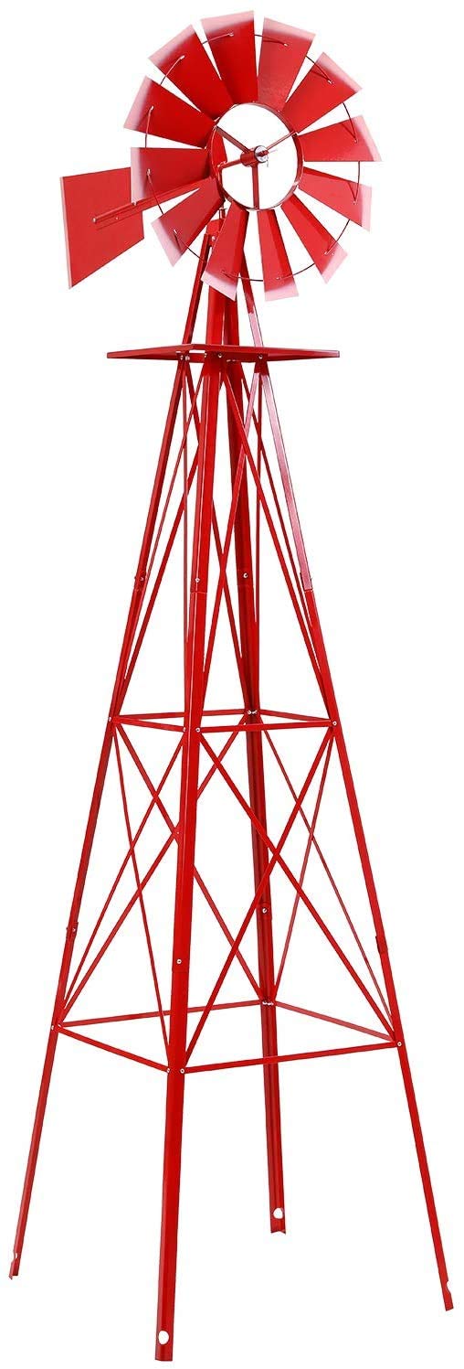 Crownland 8FT Ornamental Windmill Backyard Garden Decoration Weather Vane,  Heavy Duty Metal Wind Mill Weather Resistant 4 Legs Design (Red)